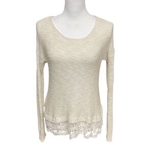 Almost Famous Women's Long Sleeve Knit Top Sweater Lace Lacy Bottom Cream Size M